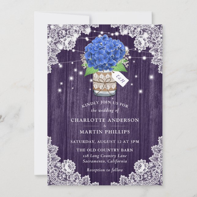 Convite Casamento Rustic Purple e Blue Hydrangea (Frente)
