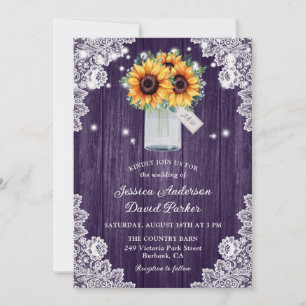 Convite Casamento Rustic Purple Lace Mason Jar Sunflower