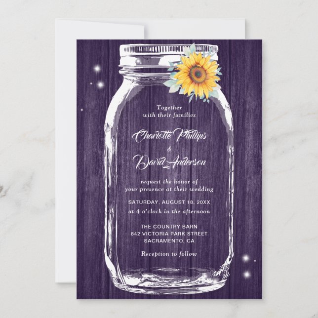 Convite Casamento Rustic Purple Wood Mason Jar Sunflower (Frente)