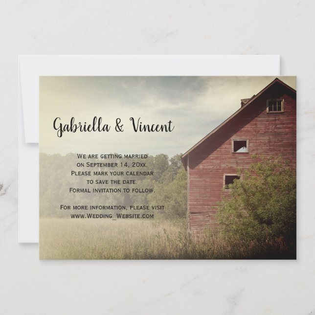 Convite Casamento Rustic Red Barn Country Salve a Data (Frente)