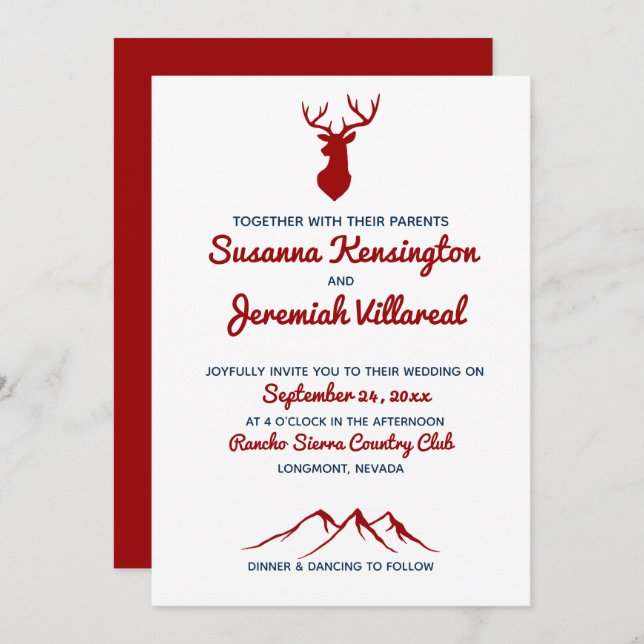 Convite Casamento Rustic Red Blue Buck Deer Country Mounta (Frente/Verso)