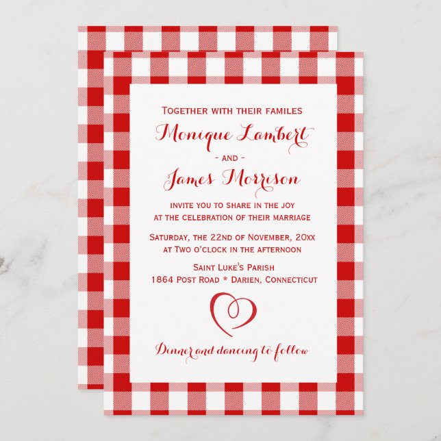 Convite Casamento Rustic Red White Xadrez Gingham Country (Frente/Verso)