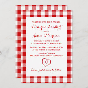 Convite Casamento Rustic Red White Xadrez Gingham Country