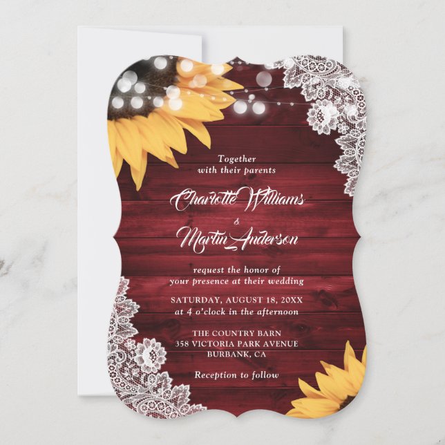 Convite Casamento Rustic Red Wood Lace Sunflower (Frente)