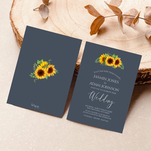 Convite Casamento Rustic Royal Blue Sunflower Boho (Rustic Yellow and Navy Blue Sunflower Boho Wedding Invitation)