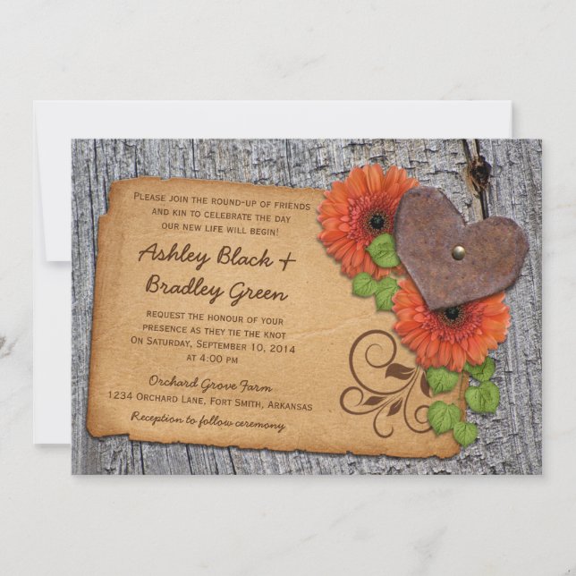 Convite Casamento Rustic Rusty Heart Orange Daisy Country (Frente)