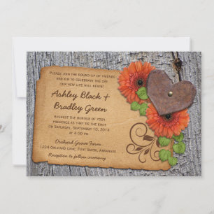 Convite Casamento Rustic Rusty Heart Orange Daisy Country