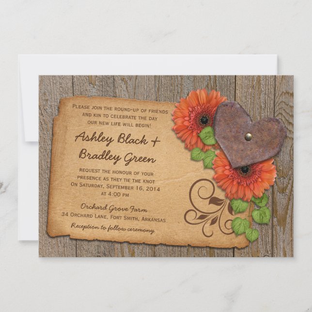 Convite Casamento Rustic Rusty Heart Orange Daisy Country  (Frente)