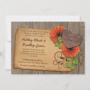 Convite Casamento Rustic Rusty Heart Orange Daisy Country 