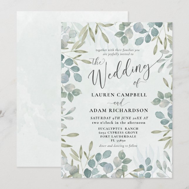 Convite Casamento Rustic Sage Green Eucalyptus Watercolor (Frente/Verso)