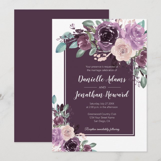 Convite Casamento Rustic Sangria Dark Purple Mauve Flowers (Frente/Verso)