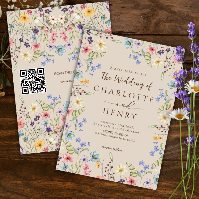 Convite Casamento Rustic Simple Wildflower Beige QR Code (Criador carregado)