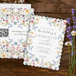 Convite Casamento Rustic Simple Wildflower White Código QR