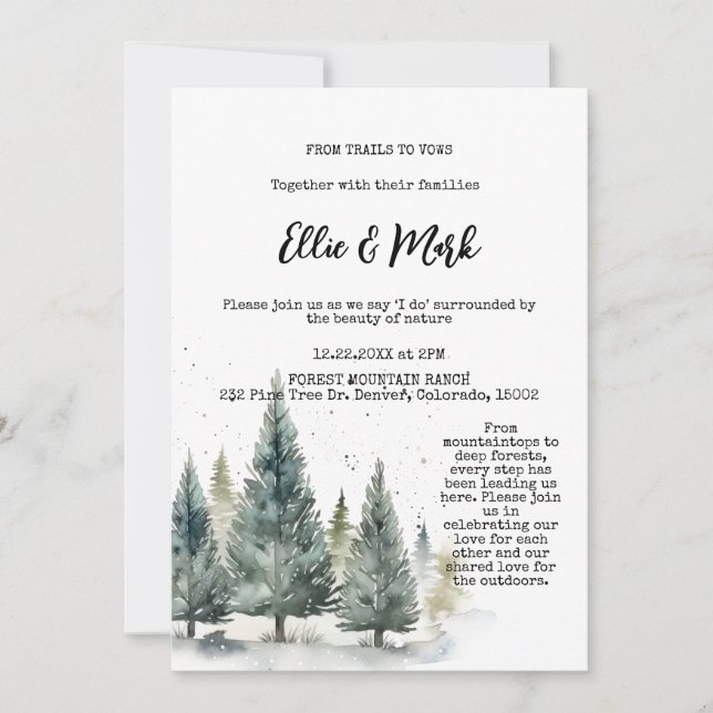 Convite Casamento Rustic Snowy Pine Floresta na Floresta E (Frente)