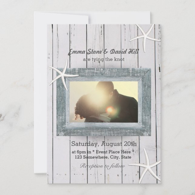 Convite Casamento Rustic Starfish & Weathered Wood Photo (Frente)