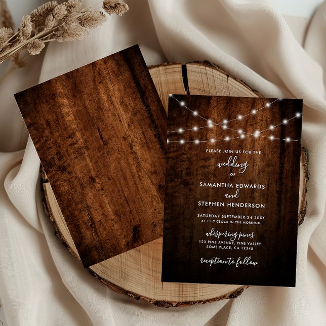 Convite Casamento Rustic String Lights & Wood (Criador carregado)