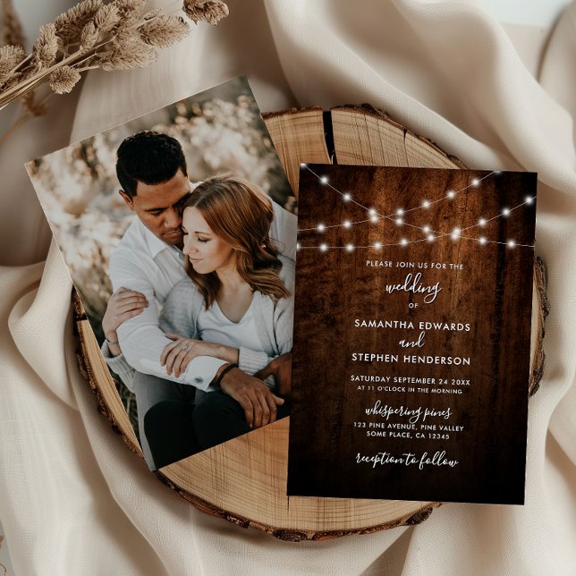 Convite Casamento Rustic String Lights & Wood Photo (Criador carregado)
