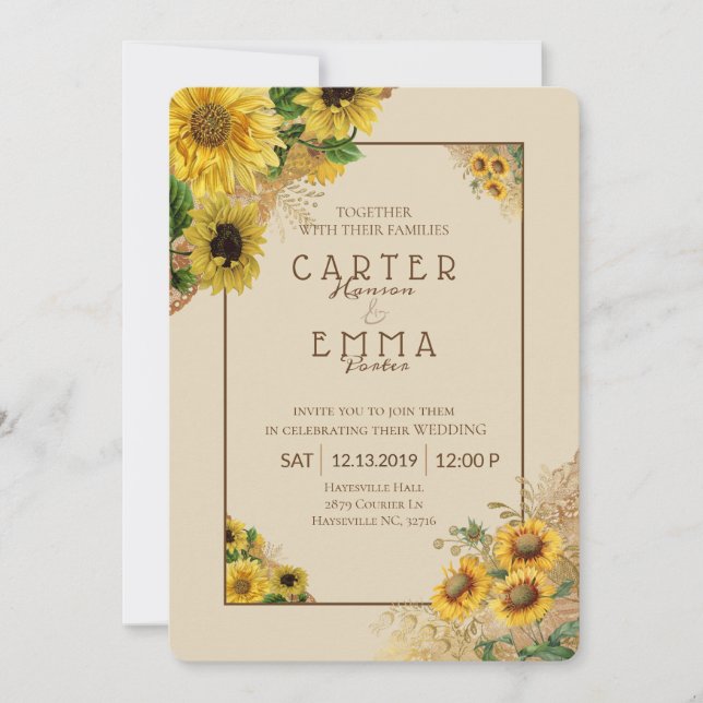 Convite Casamento Rustic Sunflower and Lace Beige Country (Frente)