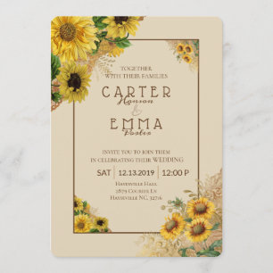 Convite Casamento Rustic Sunflower and Lace Beige Country