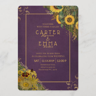 Convite Casamento Rustic Sunflower and Lace Purple Country