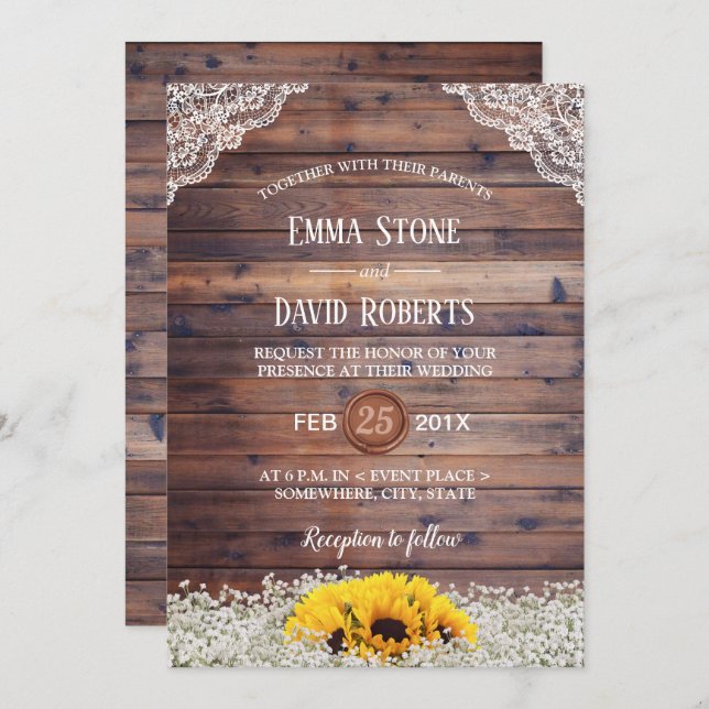 Convite Casamento Rustic Sunflower & Baby's Breath Country (Frente/Verso)