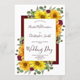 Convite Casamento Rustic Sunflower Burgundy Rosas Country