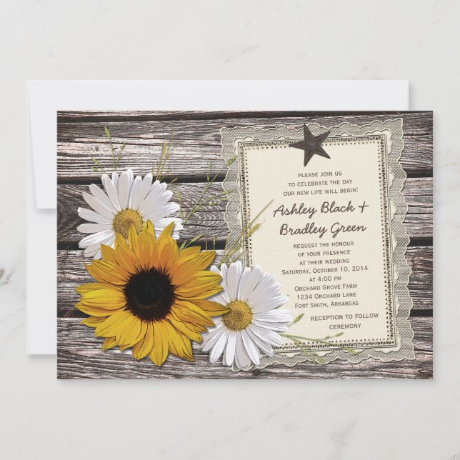 Convite Casamento Rustic Sunflower Daisy Lace Wood (Frente)
