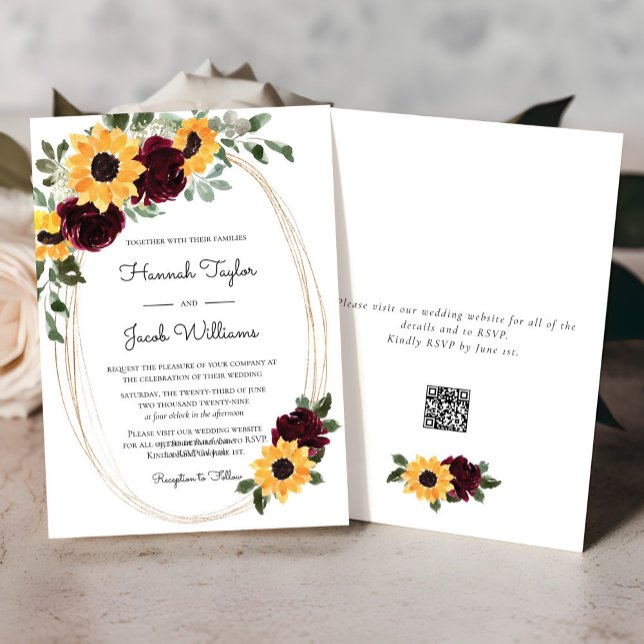 Convite Casamento Rustic Sunflower e Rosas Código QR (Criador carregado)