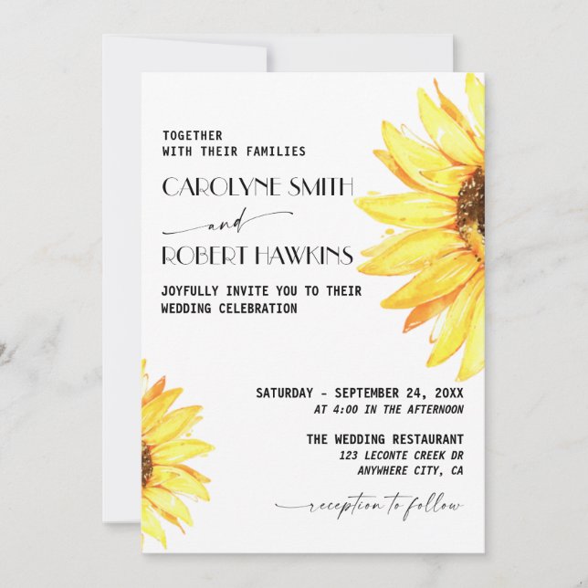 Convite Casamento Rustic Sunflower Elegant Watercolor (Frente)
