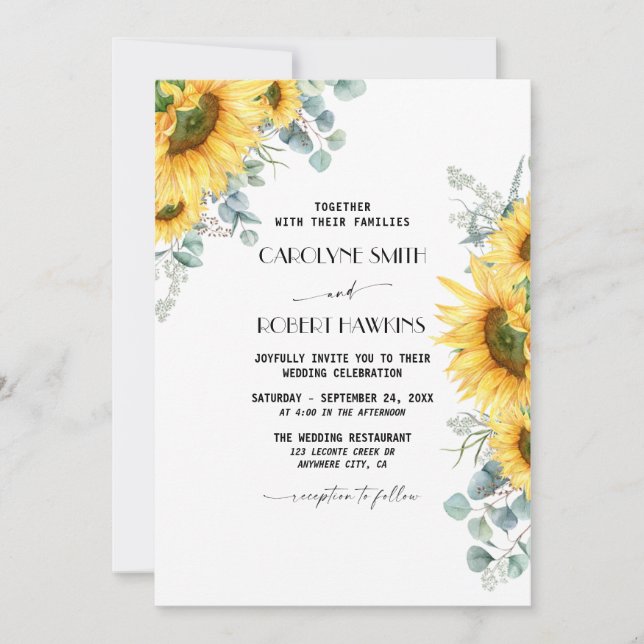 Convite Casamento Rustic Sunflower Eucalyptus Watercolor (Frente)