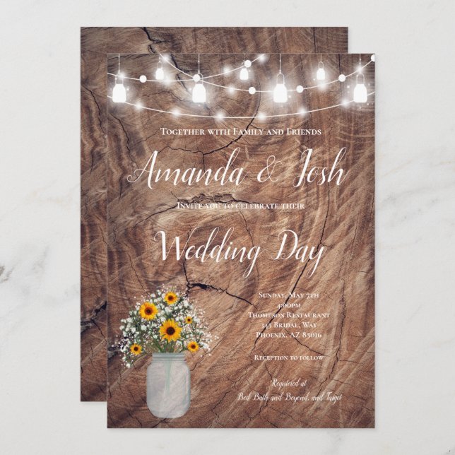 Convite Casamento Rustic Sunflower Floral Mason Jar Countr (Frente/Verso)