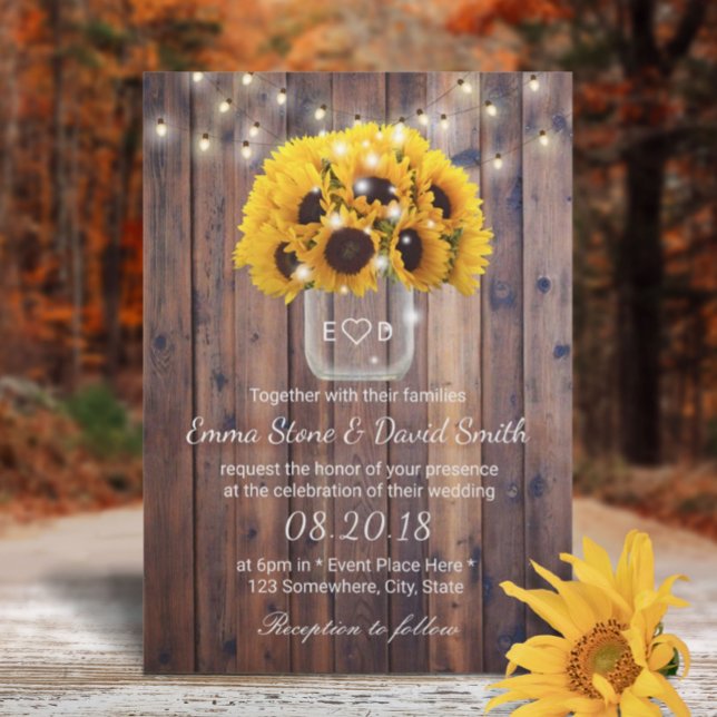 Convite Casamento Rustic Sunflower Jar String Luzes Barn (Criador carregado)