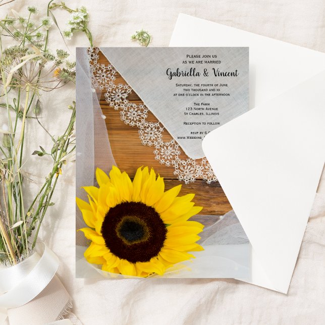 Convite Casamento Rustic Sunflower Lace Country Barn (Criador carregado)