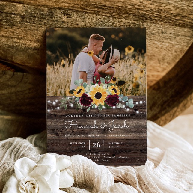 Convite Casamento Rustic Sunflower Photo Barn Wood (Criador carregado)