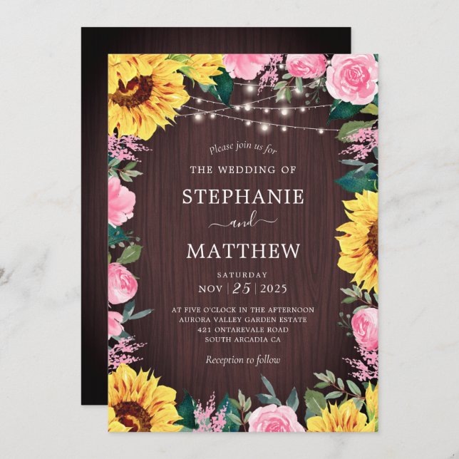 Convite Casamento Rustic Sunflower PInk Floral (Frente/Verso)