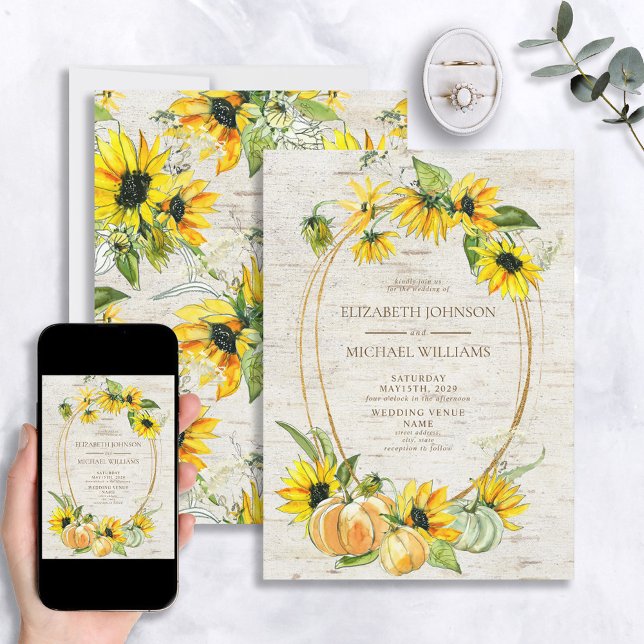 Convite Casamento Rustic Sunflower Pumpkin Watercolor Birc (Criador carregado)