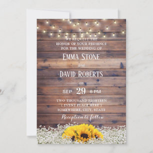 Convite Casamento Rustic Sunflower & String Lights Barn