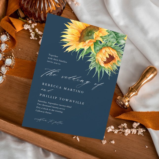Convite Casamento Rustic Sunflower Watercolor (An elegant, rustic sunflower wedding invitation with watercolor illustration and script typography.)