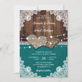 Convite Casamento Rustic Teal Barn Wood Burlap Lace