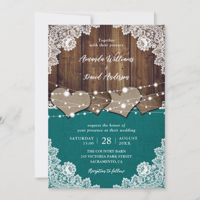 Convite Casamento Rustic Teal Barn Wood Burlap Lace (Frente)