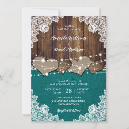 Convite Casamento Rustic Teal Barn Wood Burlap Lace