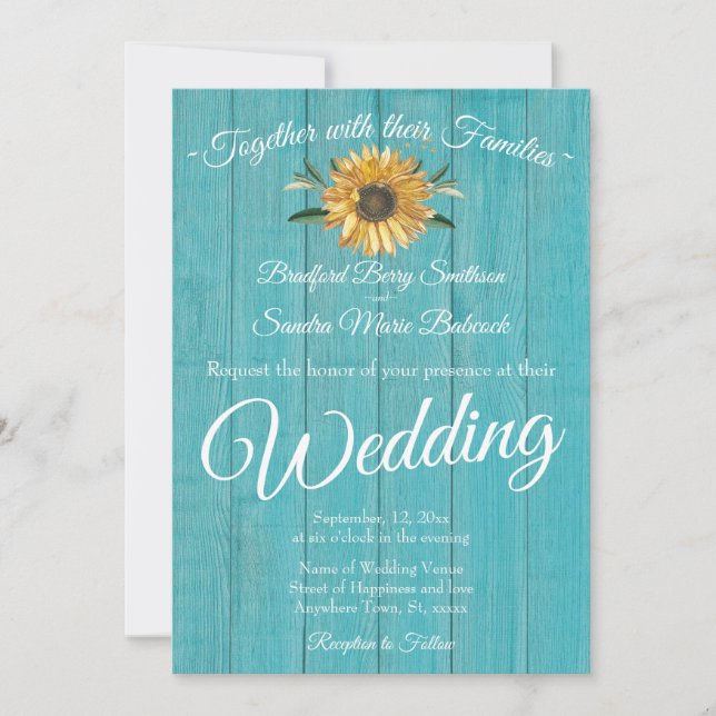 Convite Casamento Rustic Teal Blue Barn Wood Sunflower (Frente)