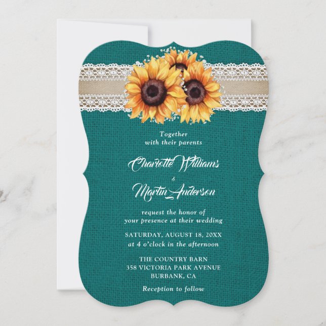 Convite Casamento Rustic Teal Burlap Lace Sunflower (Frente)