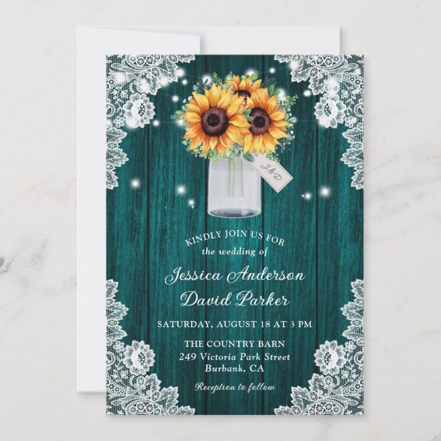 Convite Casamento Rustic Teal Lace Mason Jar Sunflower (Frente)