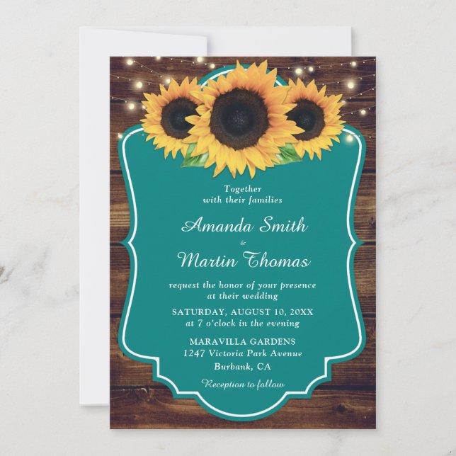 Convite Casamento Rustic Teal Sunflower Greenery (Frente)