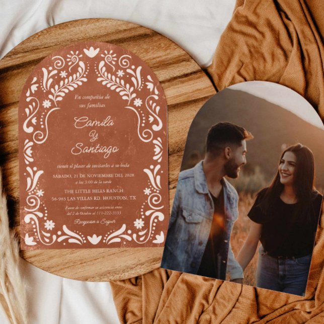 Convite Casamento Rustic Terracotta - Arch Fotográfico Esp (Terracotta Talavera Mexican Arch Photo Wedding Invitation)