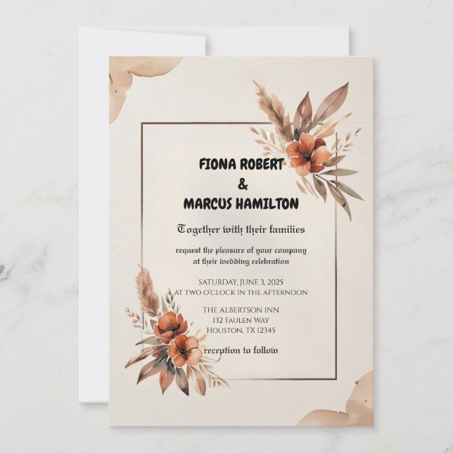 Convite Casamento Rustic Terracotta Florals & Pampas Grass (Frente)
