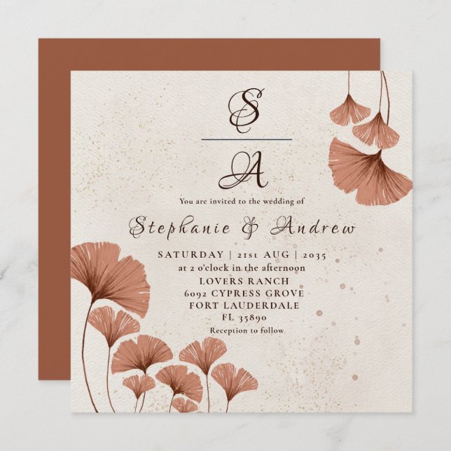 Convite Casamento Rustic Terracotta Ginkgo Foliage (Frente/Verso)