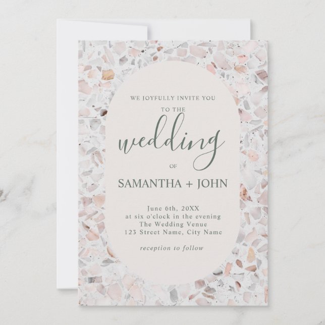 Convite Casamento Rustic Terrazzo Off White Modern Script (Frente)