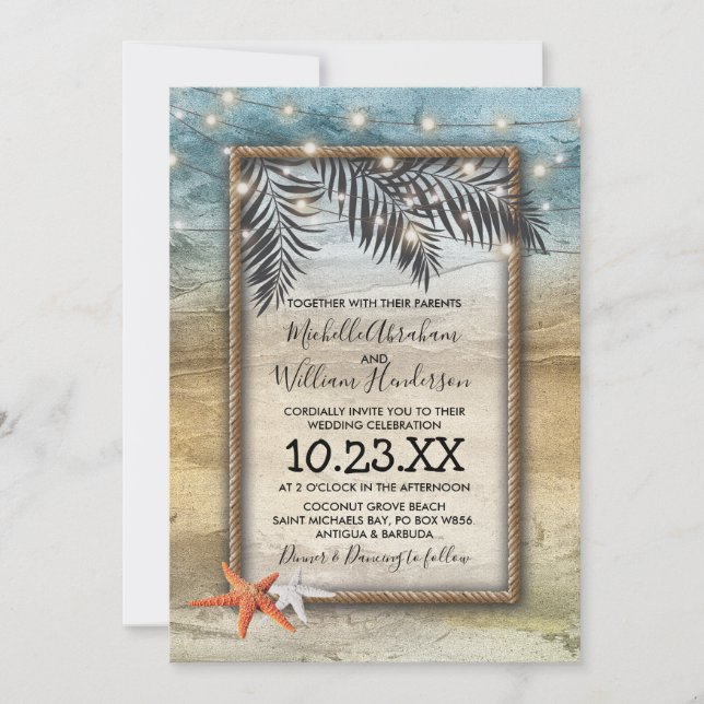Convite Casamento Rustic Tropical Beach Starfish Luzes (Frente)